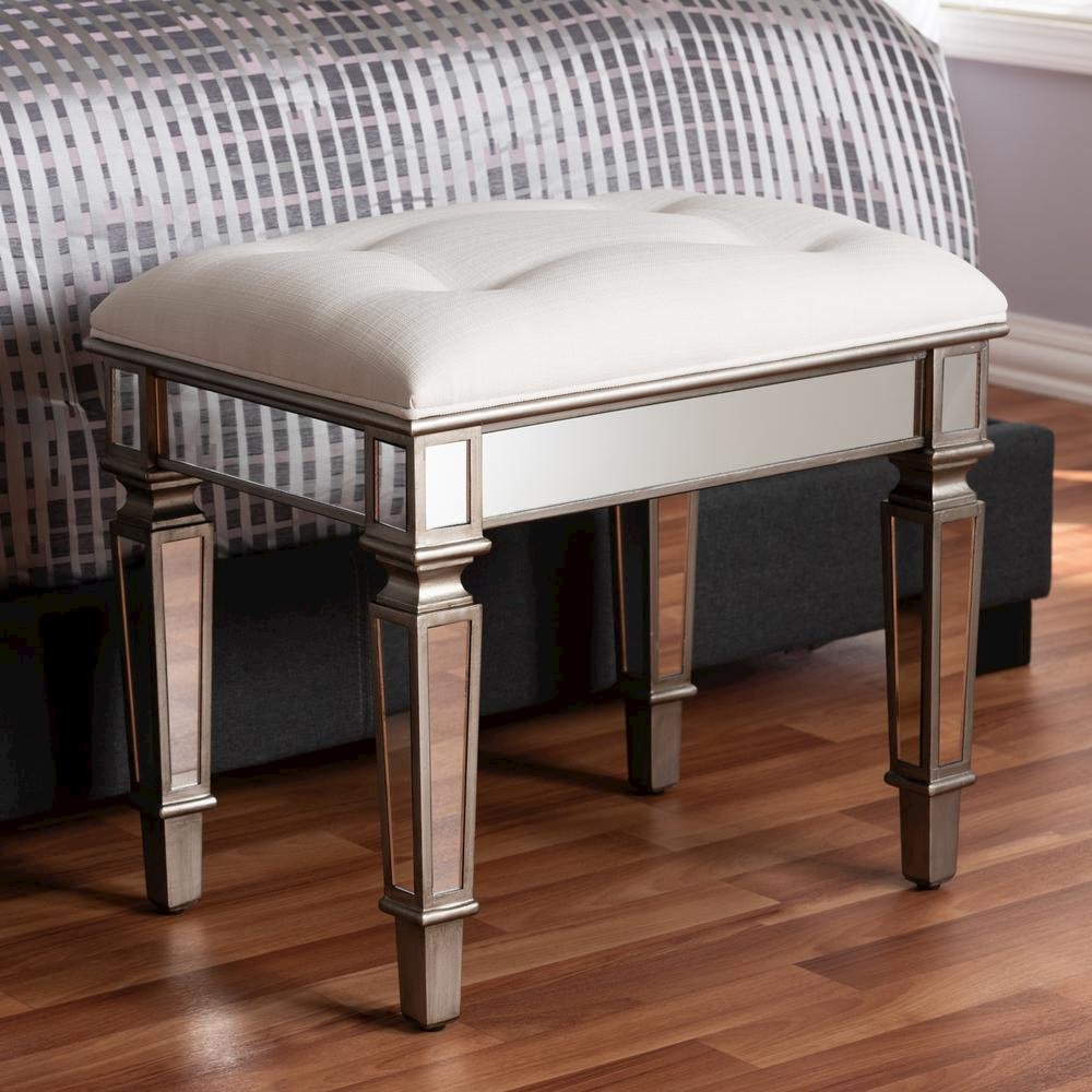Off White Fabric Upholstered Mirrored Ottoman Vanity Bench. Picture 13