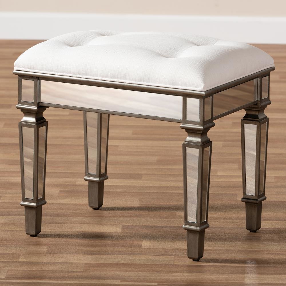 Off White Fabric Upholstered Mirrored Ottoman Vanity Bench. Picture 14