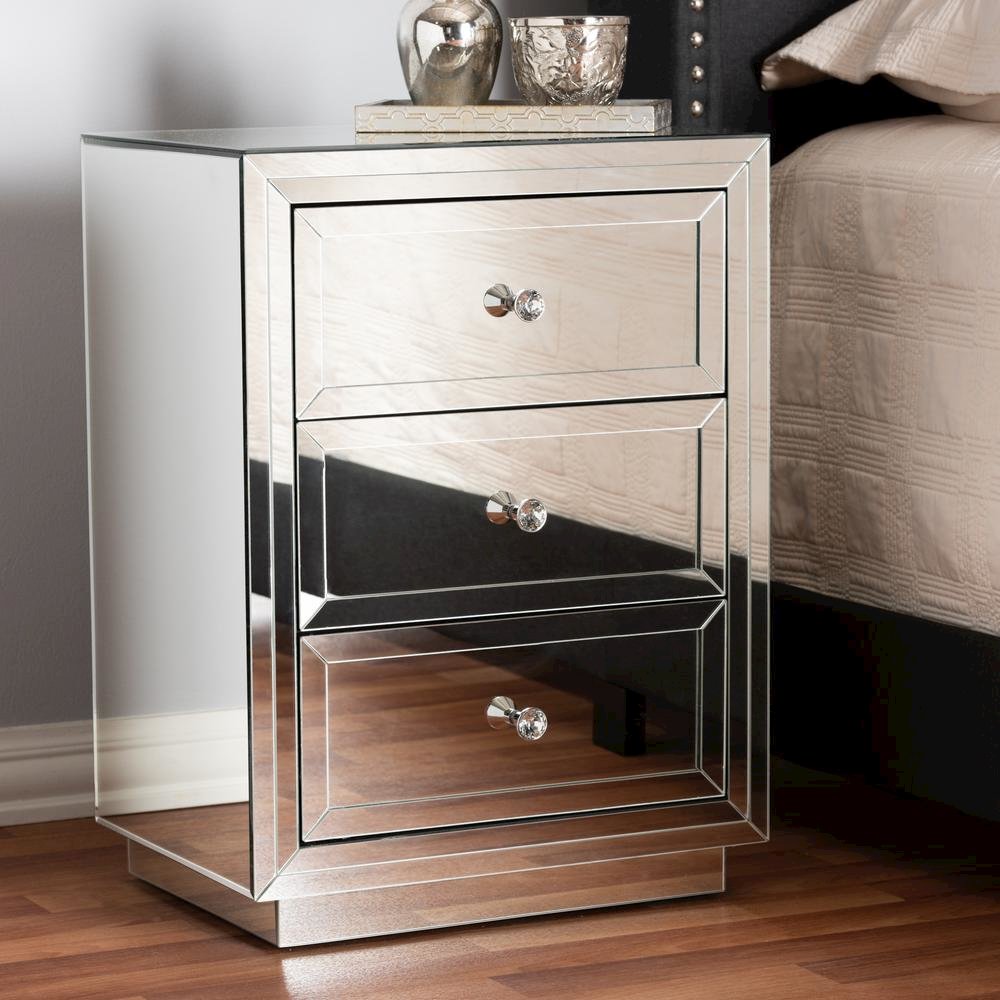 Hollywood Regency Glamour Style Mirrored 3-Drawer End Table. Picture 11