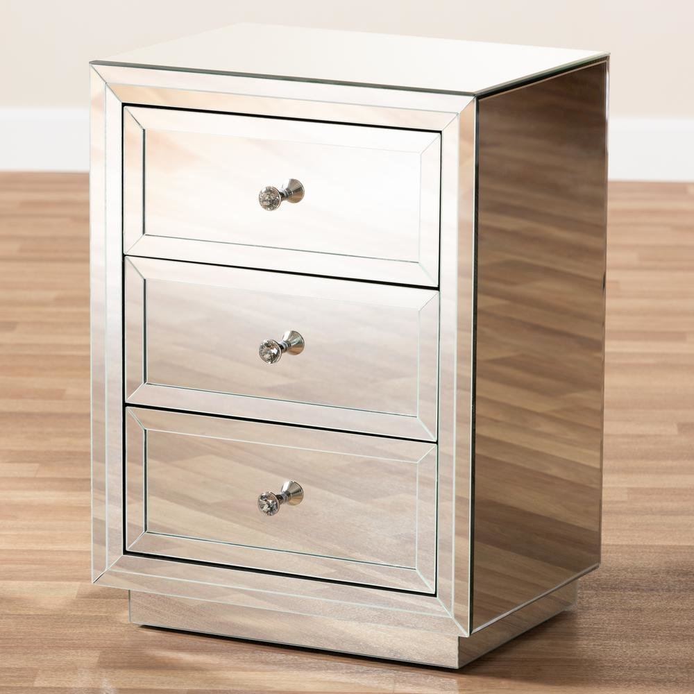 Hollywood Regency Glamour Style Mirrored 3-Drawer End Table. Picture 12