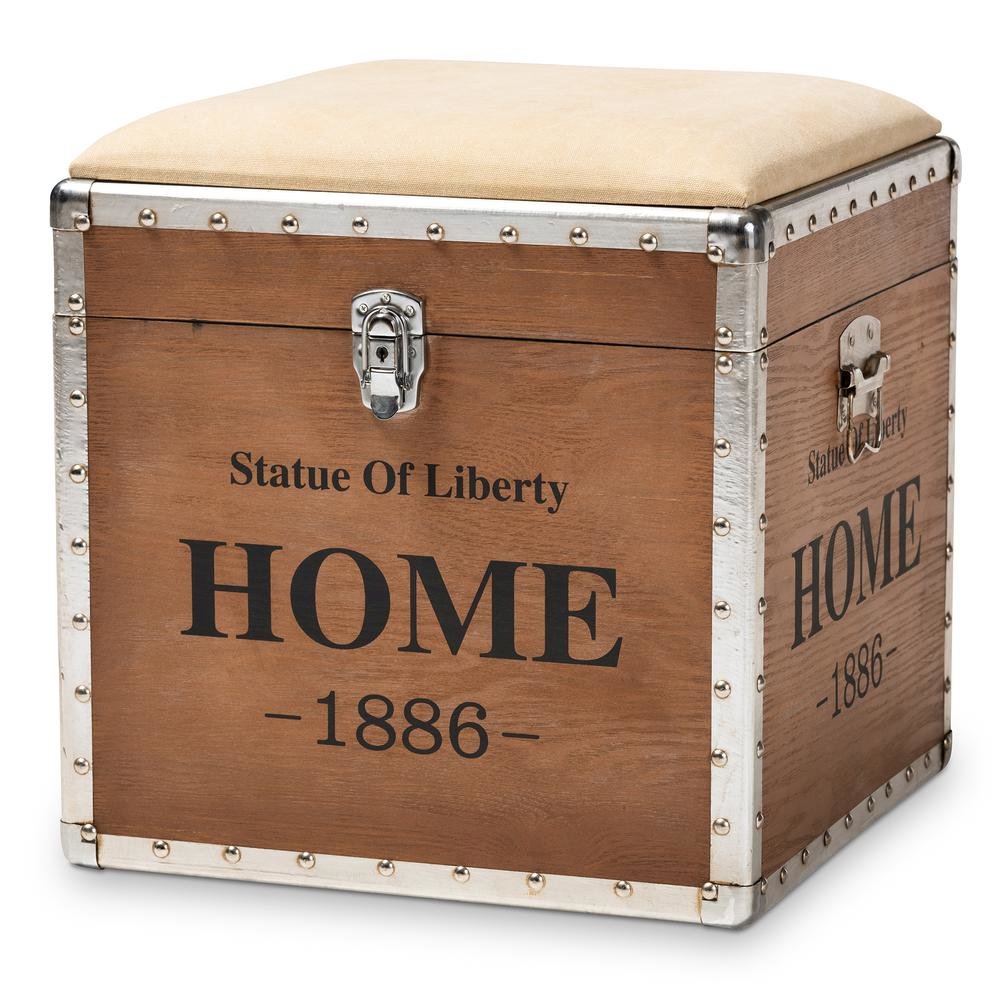 Violetta Vintage Industrial Beige Fabric Upholstered Wood Storage Trunk Ottoman. Picture 11