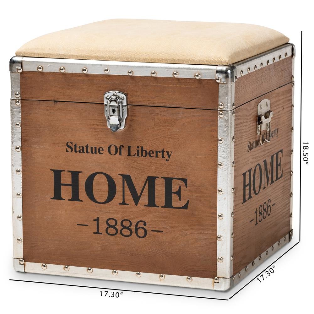Violetta Vintage Industrial Beige Fabric Upholstered Wood Storage Trunk Ottoman. Picture 20