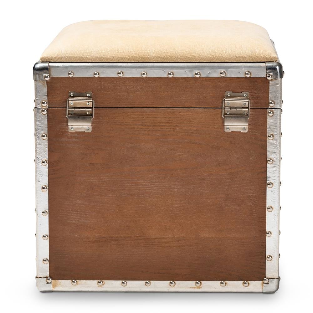 Violetta Vintage Industrial Beige Fabric Upholstered Wood Storage Trunk Ottoman. Picture 15