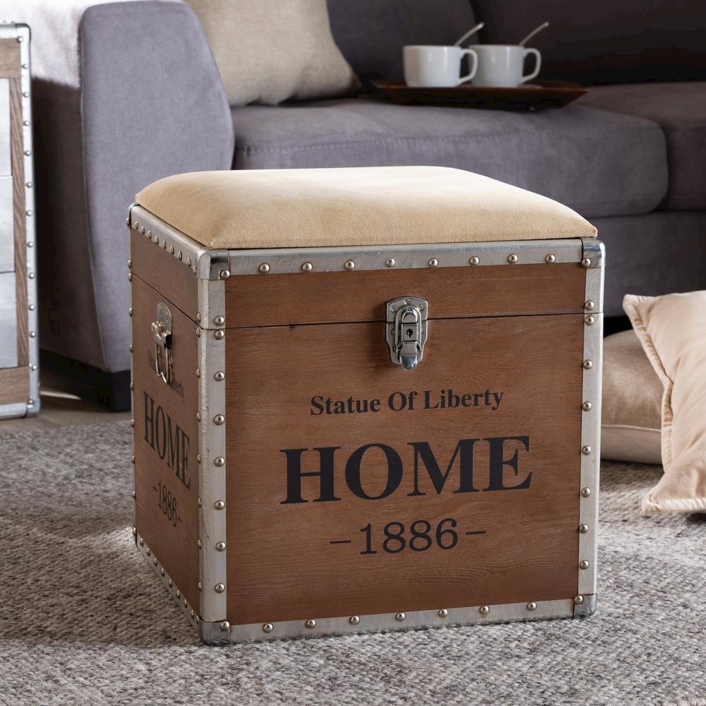 Violetta Vintage Industrial Beige Fabric Upholstered Wood Storage Trunk Ottoman. Picture 17