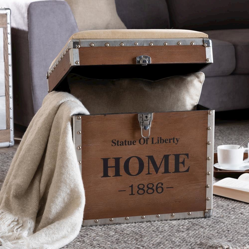 Violetta Vintage Industrial Beige Fabric Upholstered Wood Storage Trunk Ottoman. Picture 18