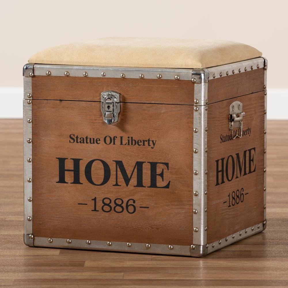 Violetta Vintage Industrial Beige Fabric Upholstered Wood Storage Trunk Ottoman. Picture 19