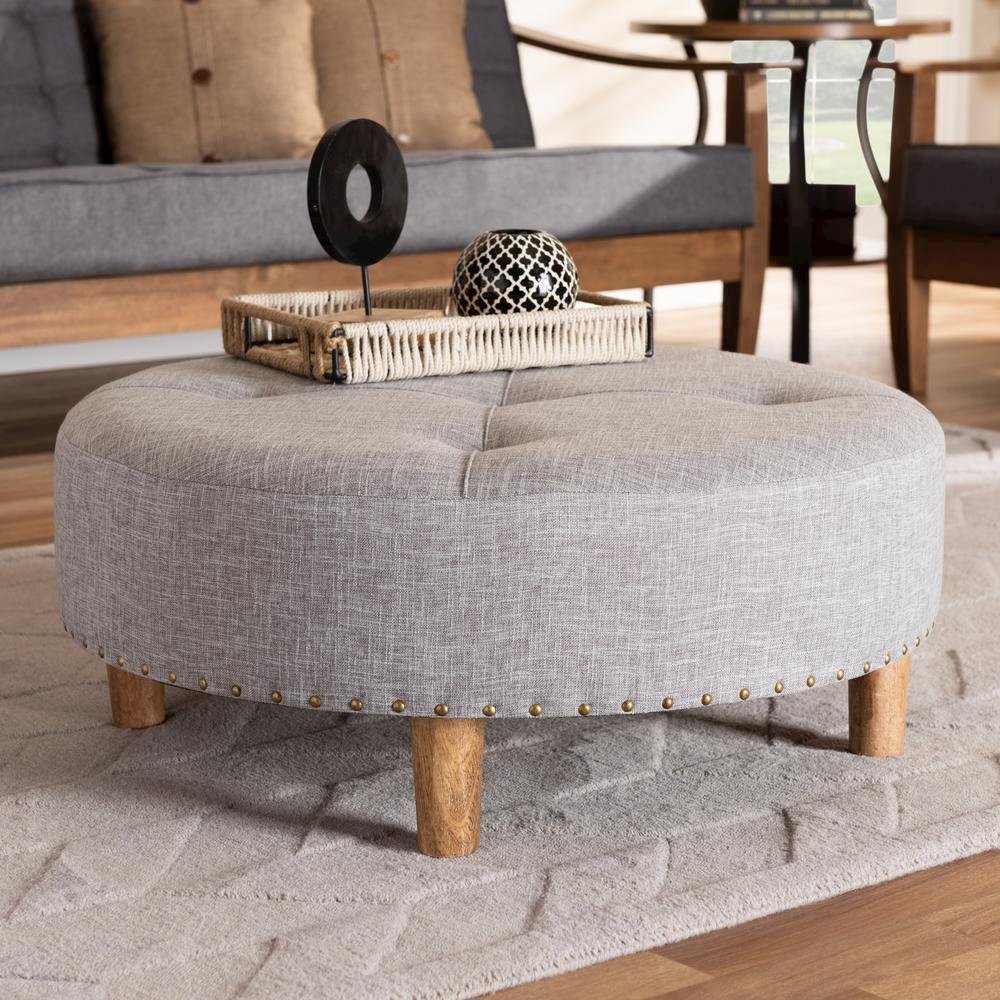 Light Gray Fabric Upholstered Natural Wood Cocktail Ottoman. Picture 12