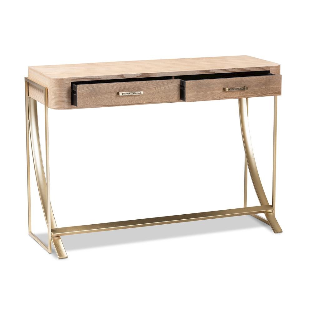 Natural Brown Finished Wood and Gold Finished 2-Drawer Console Table. Picture 11