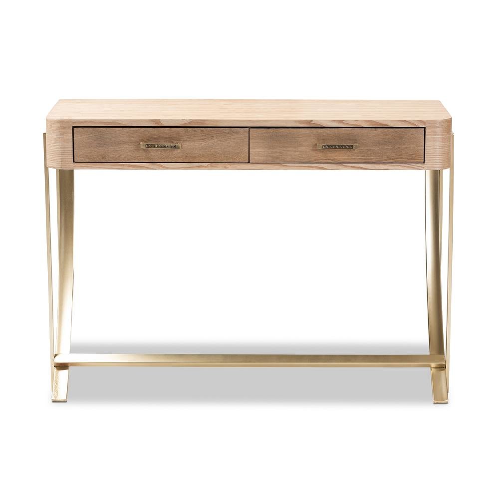 Natural Brown Finished Wood and Gold Finished 2-Drawer Console Table. Picture 12