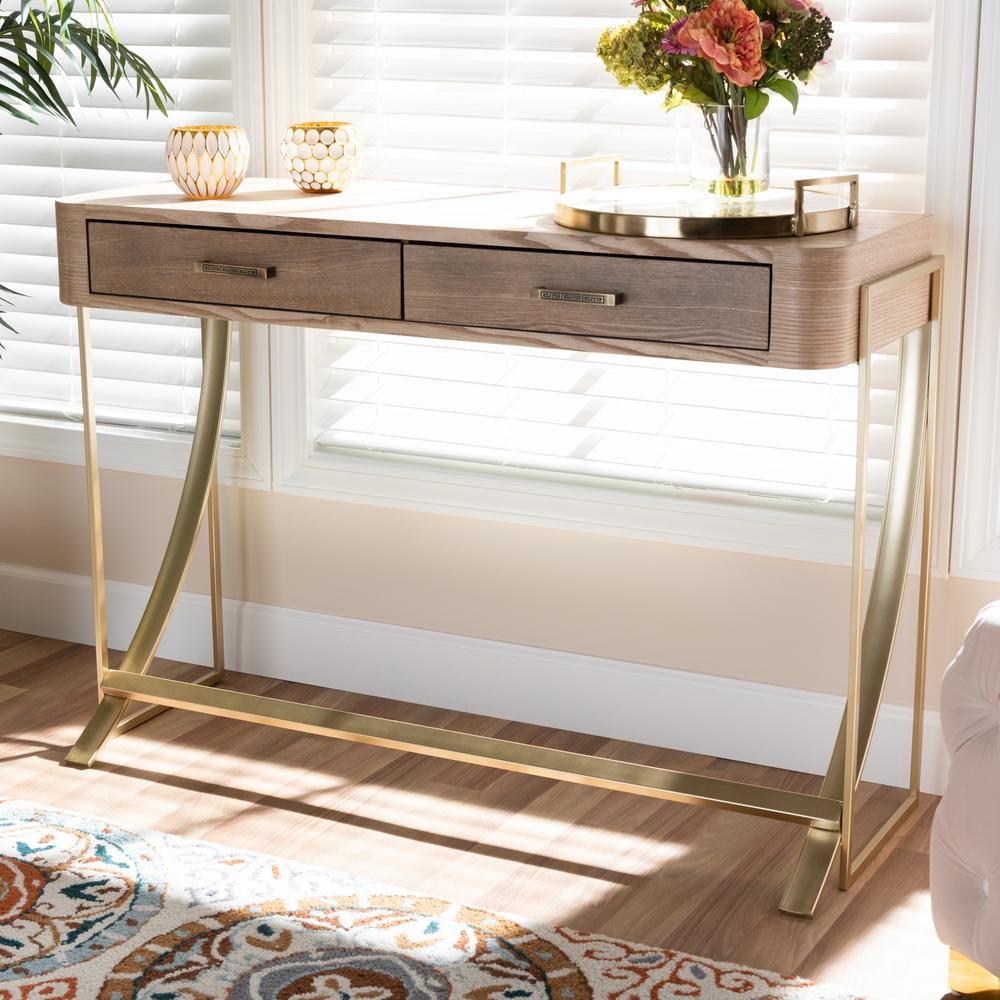 Natural Brown Finished Wood and Gold Finished 2-Drawer Console Table. Picture 16