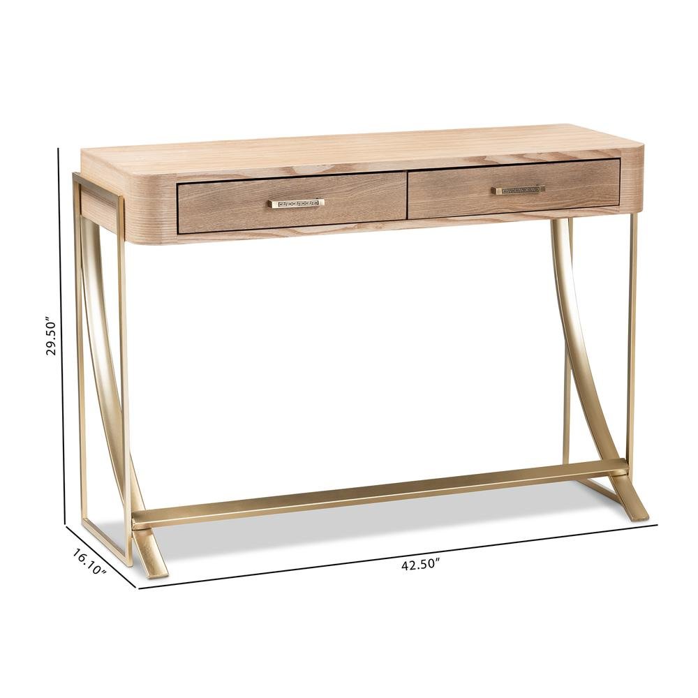 Natural Brown Finished Wood and Gold Finished 2-Drawer Console Table. Picture 18