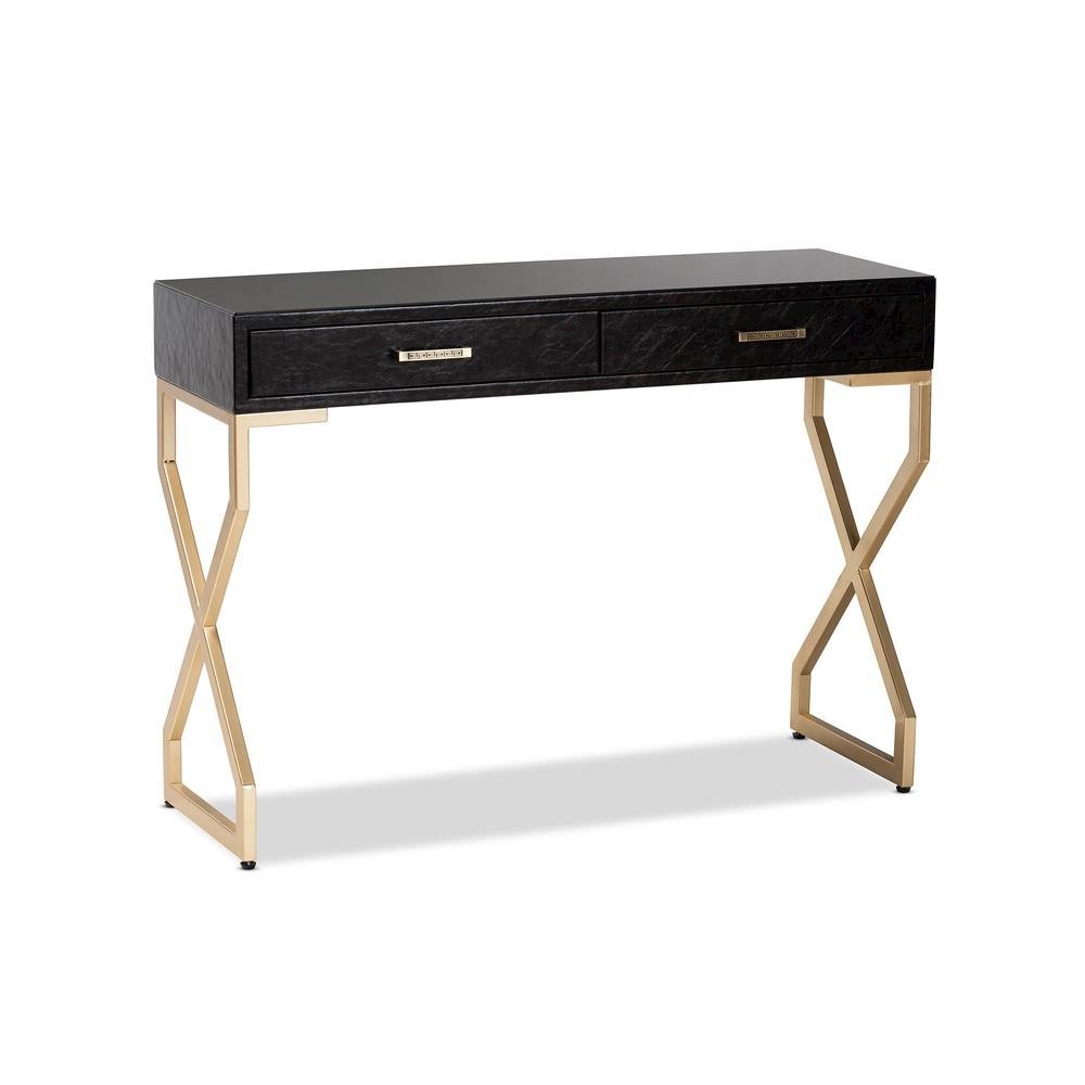 Dark Brown Faux Leather Upholstered Gold Finished 2-Drawer Console Table. Picture 11