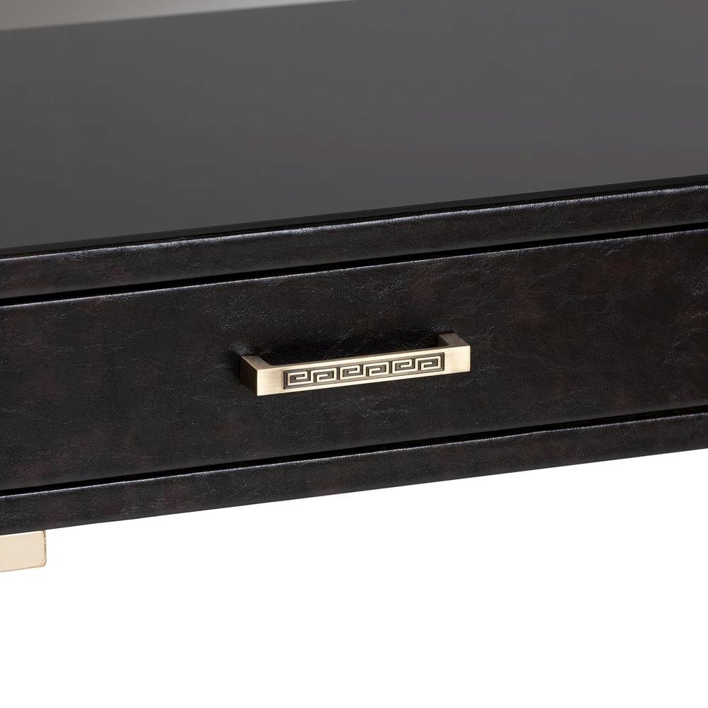 Dark Brown Faux Leather Upholstered Gold Finished 2-Drawer Console Table. Picture 16