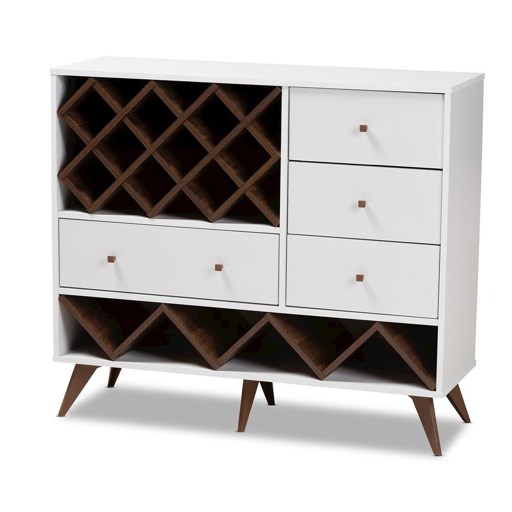Savino Mid-Century Modern White and Walnut Finished Wood Wine Cabinet. Picture 9