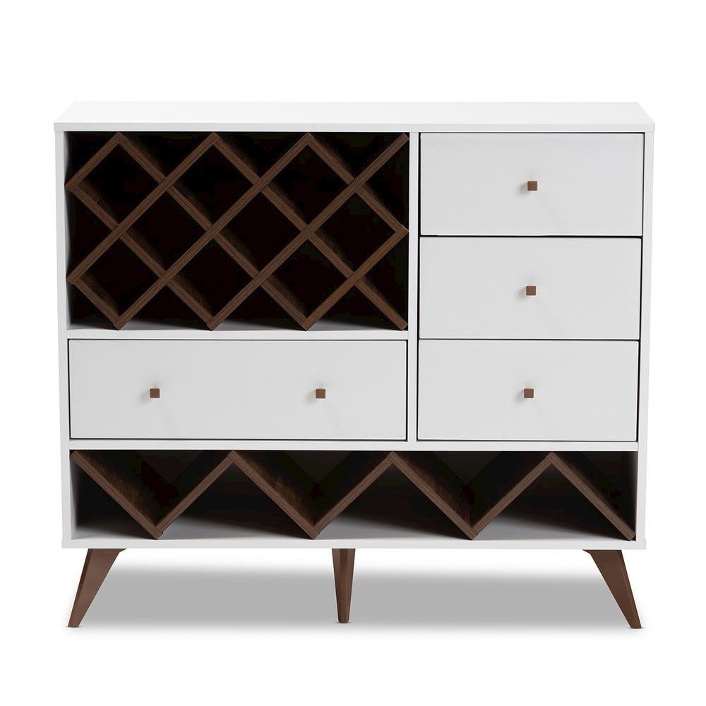 Savino Mid-Century Modern White and Walnut Finished Wood Wine Cabinet. Picture 11