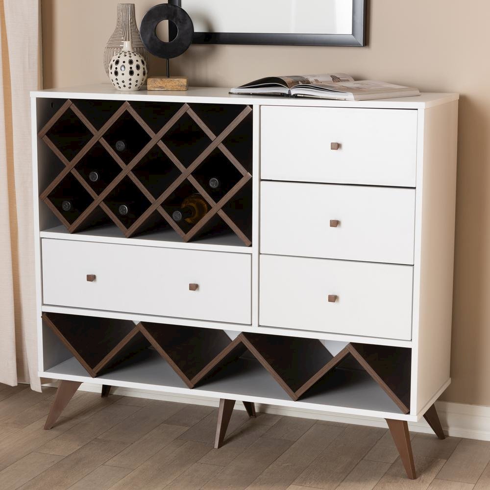 Savino Mid-Century Modern White and Walnut Finished Wood Wine Cabinet. Picture 15