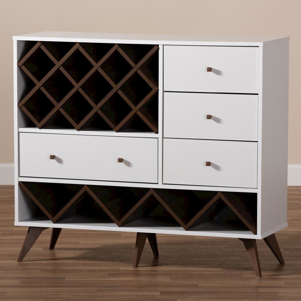 Savino Mid-Century Modern White and Walnut Finished Wood Wine Cabinet. Picture 16