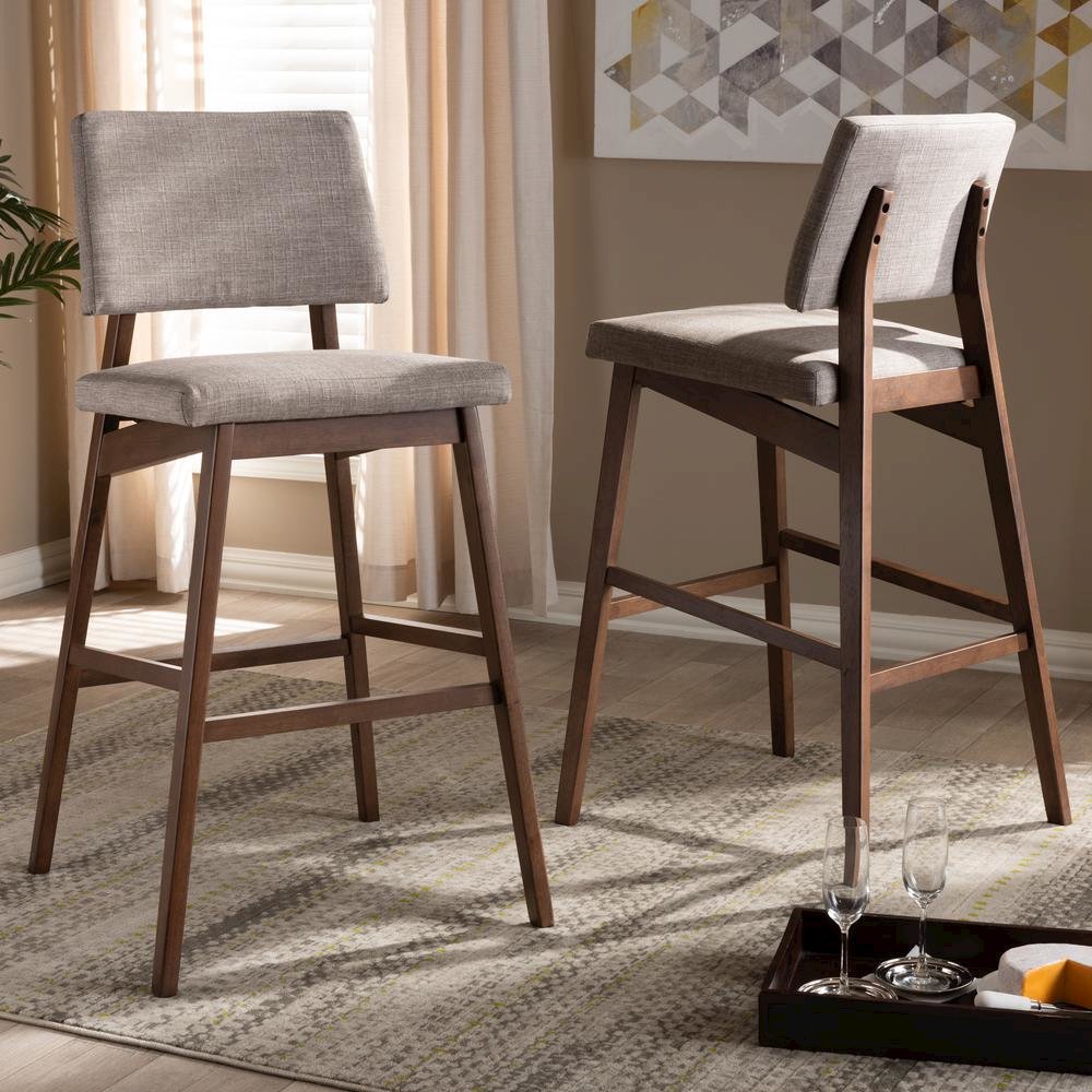 Light Gray Fabric Upholstered and Walnut-Finished Wood Bar Stool Set of 2. Picture 12