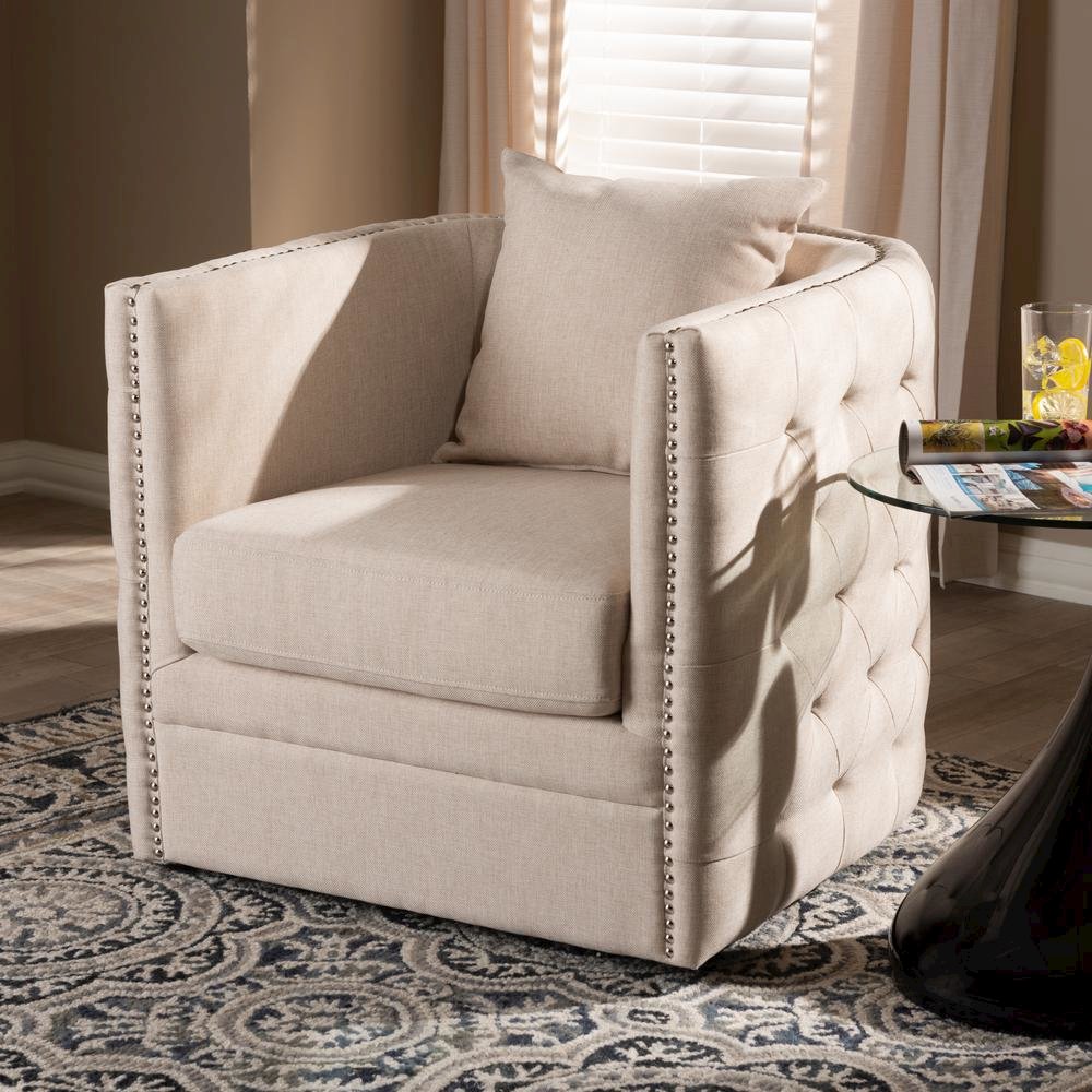 Micah Modern and Contemporary Beige Fabric Upholstered Tufted Swivel Chair. Picture 14
