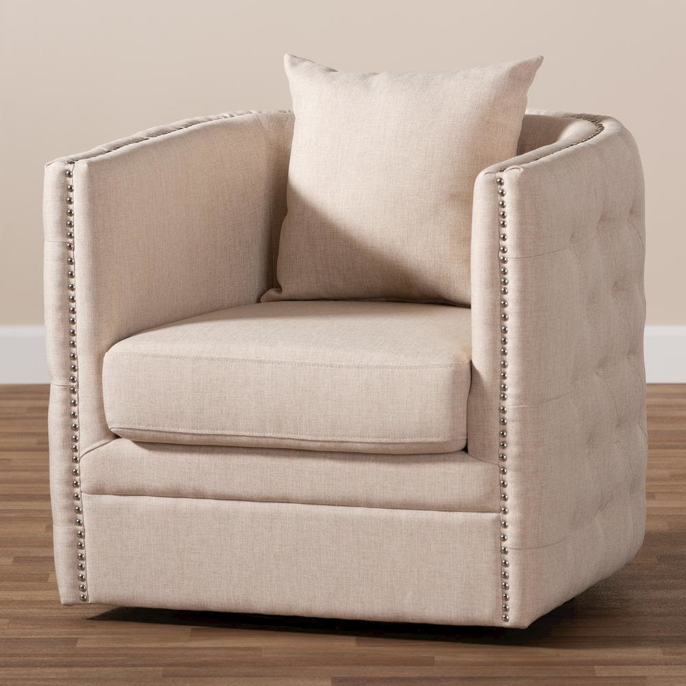 Micah Modern and Contemporary Beige Fabric Upholstered Tufted Swivel Chair. Picture 15