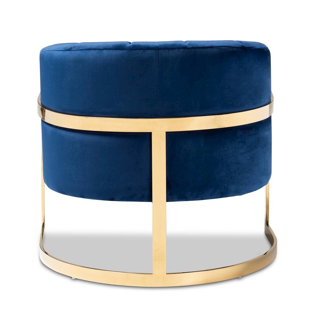 Tomasso Glam Royal Blue Velvet Fabric Upholstered Gold-Finished Lounge Chair. Picture 13