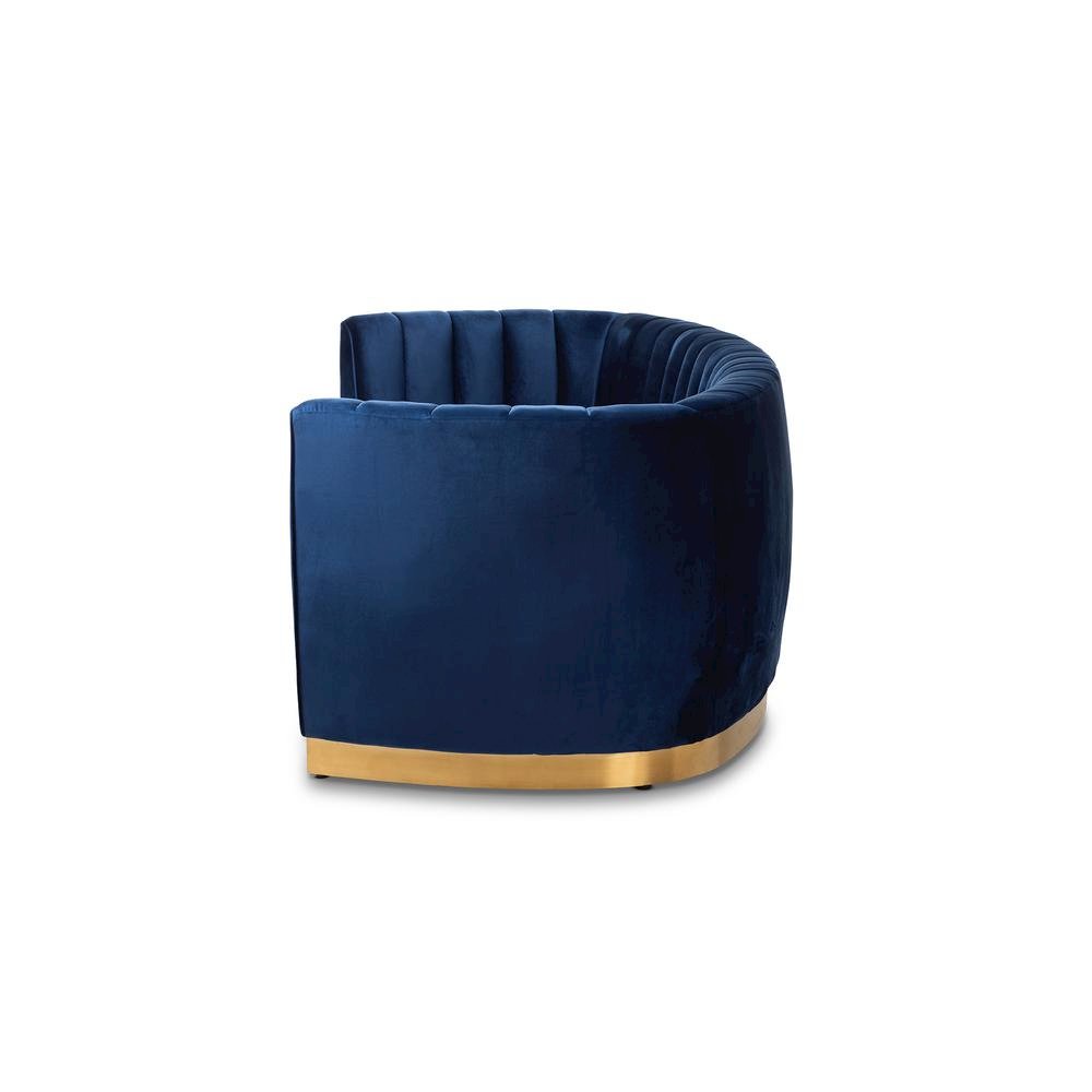 Milena Glam Royal Blue Velvet Fabric Upholstered Gold-Finished Sofa. Picture 12
