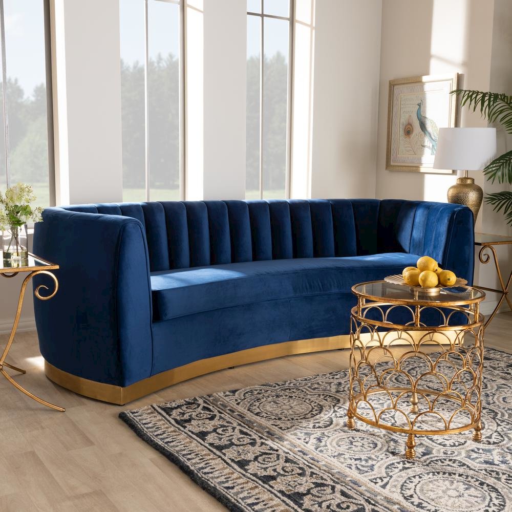 Milena Glam Royal Blue Velvet Fabric Upholstered Gold-Finished Sofa. Picture 16
