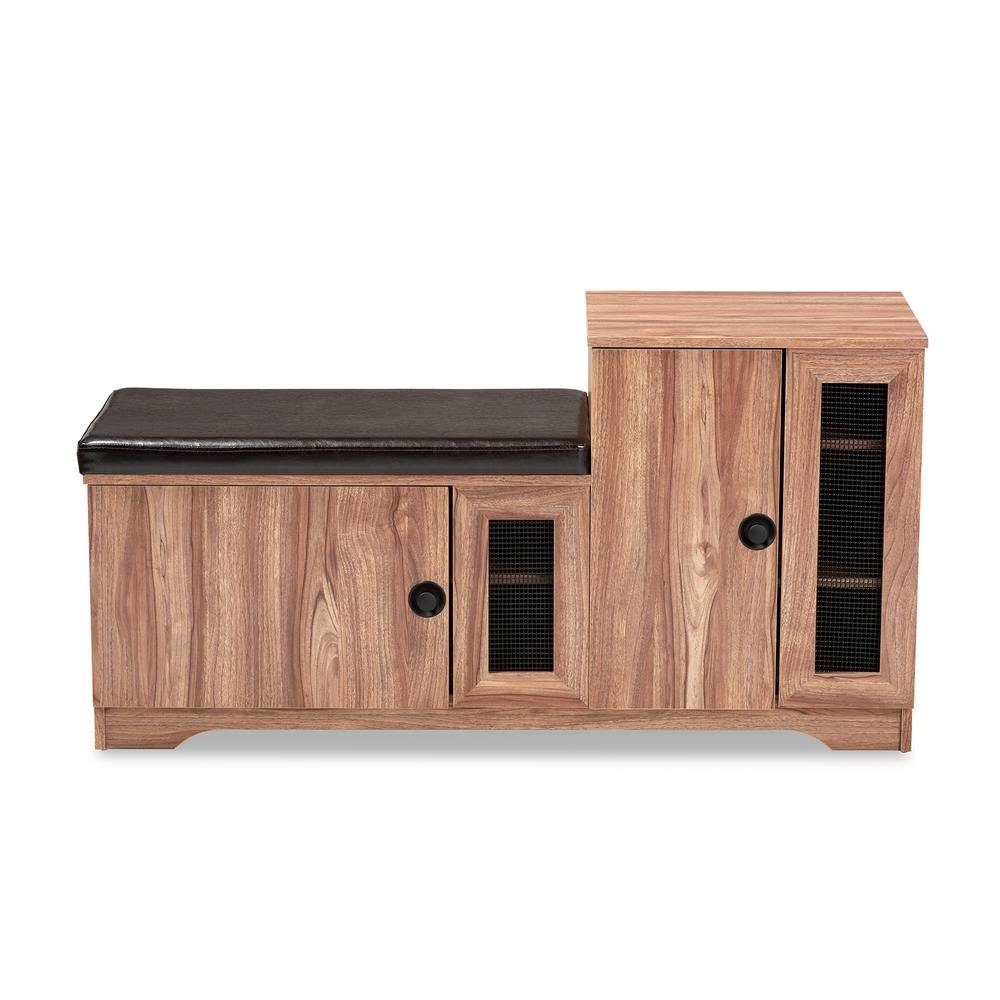 Dark Brown Faux Leather Upholstered 2-Door Wood Shoe Storage Bench. Picture 13