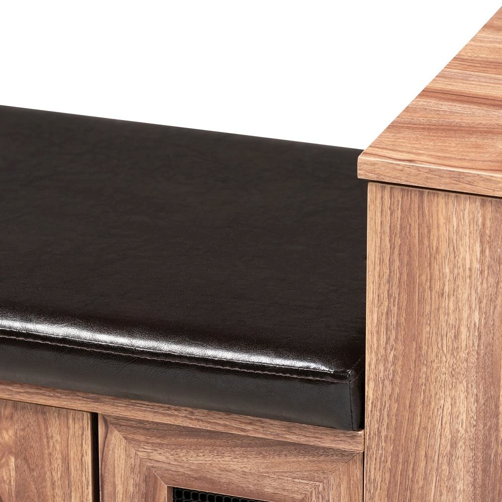 Dark Brown Faux Leather Upholstered 2-Door Wood Shoe Storage Bench. Picture 15