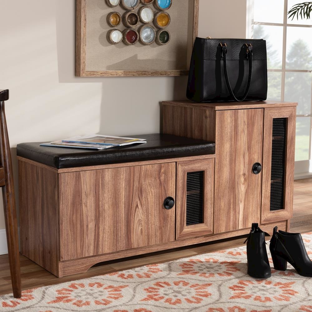Dark Brown Faux Leather Upholstered 2-Door Wood Shoe Storage Bench. Picture 17