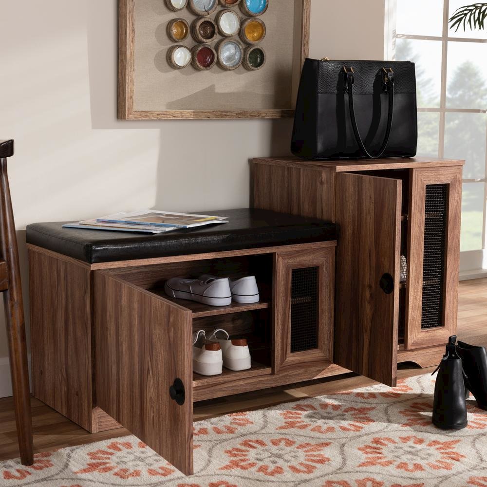 Dark Brown Faux Leather Upholstered 2-Door Wood Shoe Storage Bench. Picture 18