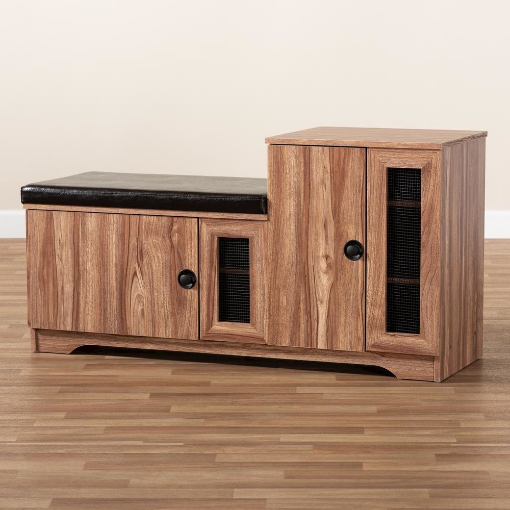 Dark Brown Faux Leather Upholstered 2-Door Wood Shoe Storage Bench. Picture 19