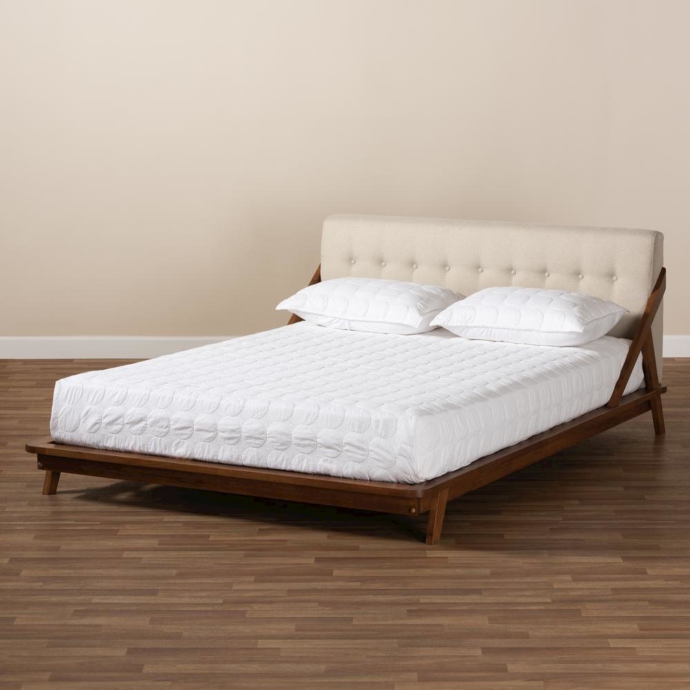Light Beige Fabric Upholstered Wood Full Size Platform Bed. Picture 18