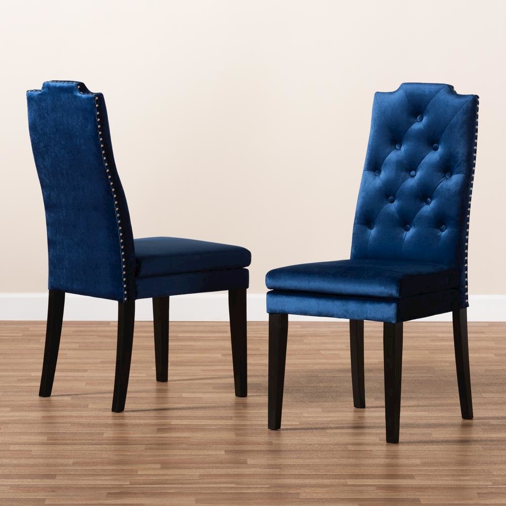 Navy Blue Velvet Fabric Upholstered Button Tufted Wood Dining Chair Set of 2. Picture 13