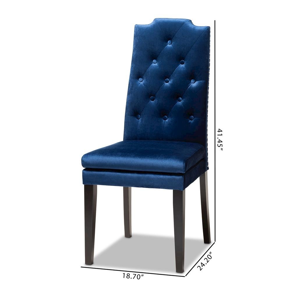 Navy Blue Velvet Fabric Upholstered Button Tufted Wood Dining Chair Set of 2. Picture 14