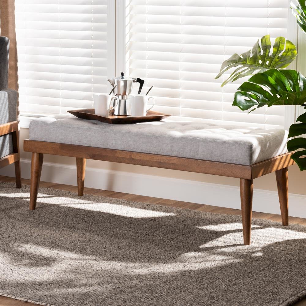 Greyish Beige Fabric Upholstered and Button Tufted Wood Bench. Picture 9