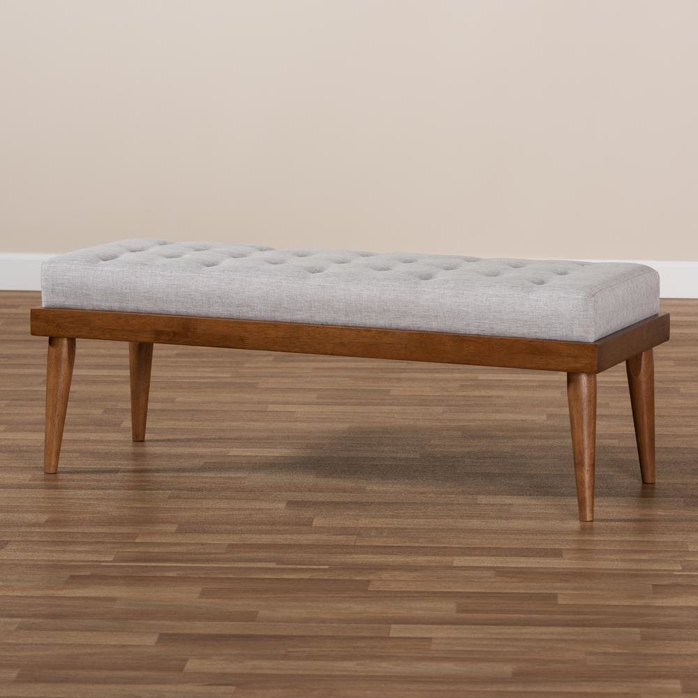 Greyish Beige Fabric Upholstered and Button Tufted Wood Bench. Picture 15
