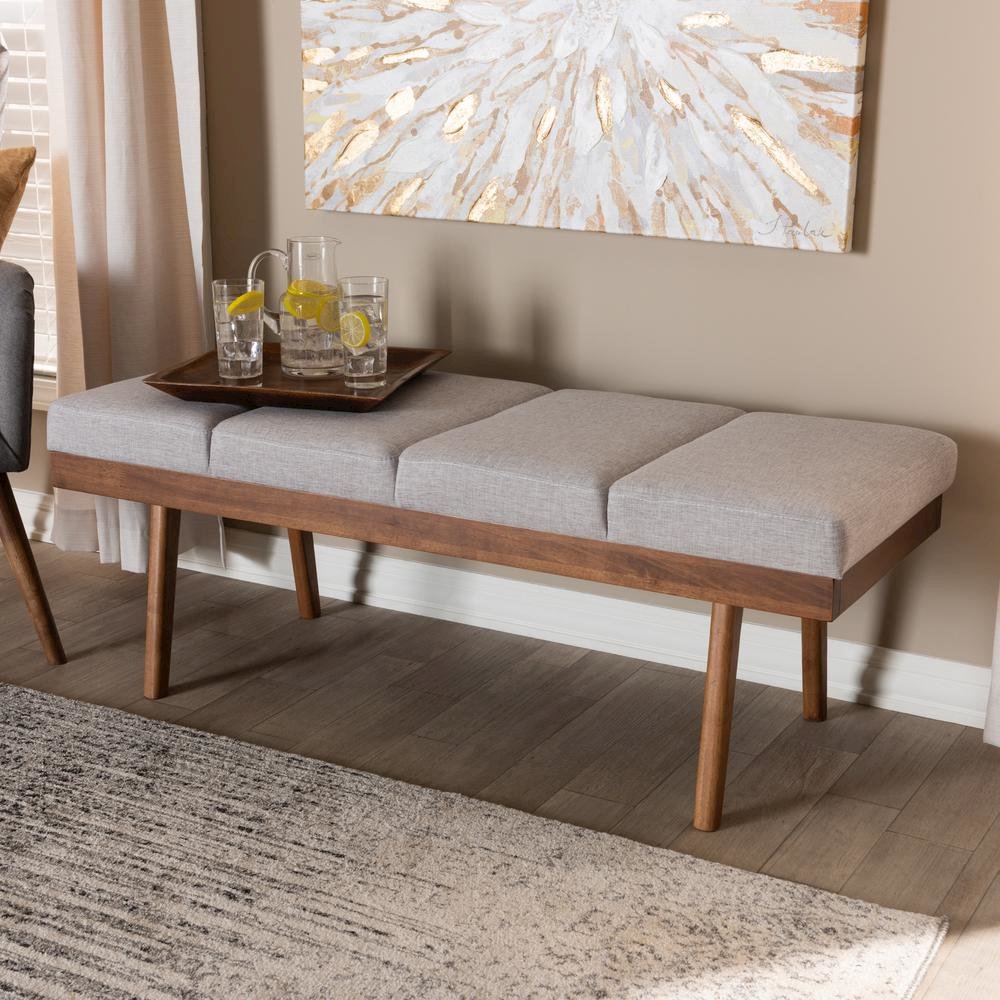 Larisa Mid-Century Modern Grayish Beige Fabric Upholstered Wood Bench. Picture 14