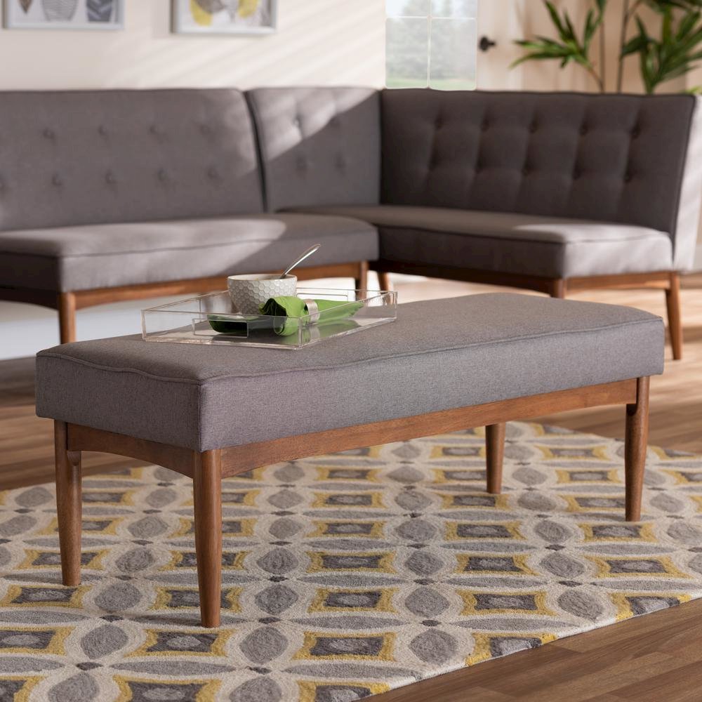 Baxton Studio Arvid Mid-Century Modern Gray Fabric Upholstered Wood Dining Bench. Picture 12