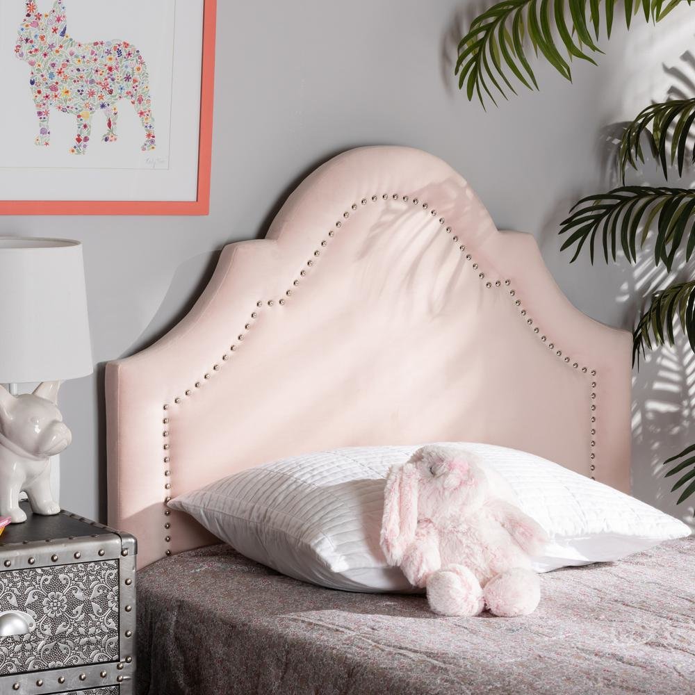 Light Pink Velvet Fabric Upholstered Twin Size Headboard. Picture 10