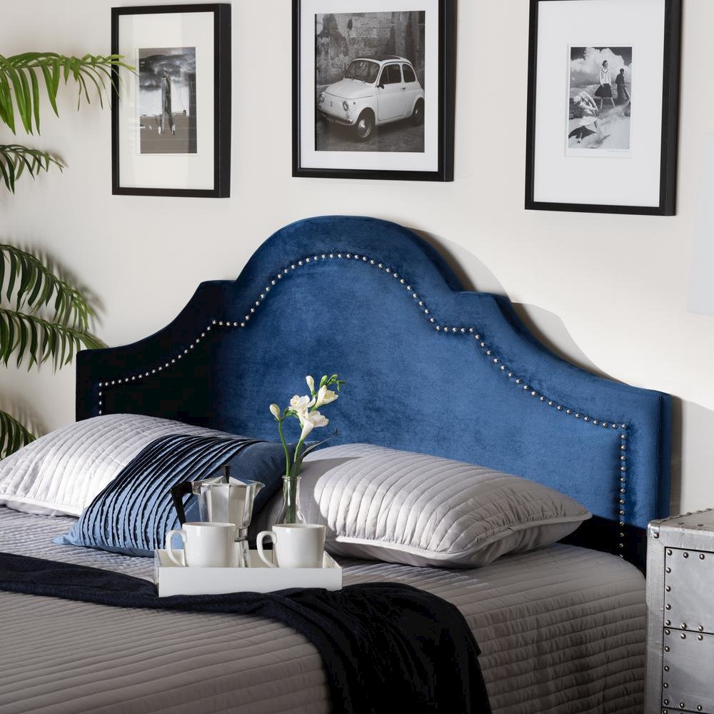 Navy Blue Velvet Fabric Upholstered Full Size Headboard. Picture 12