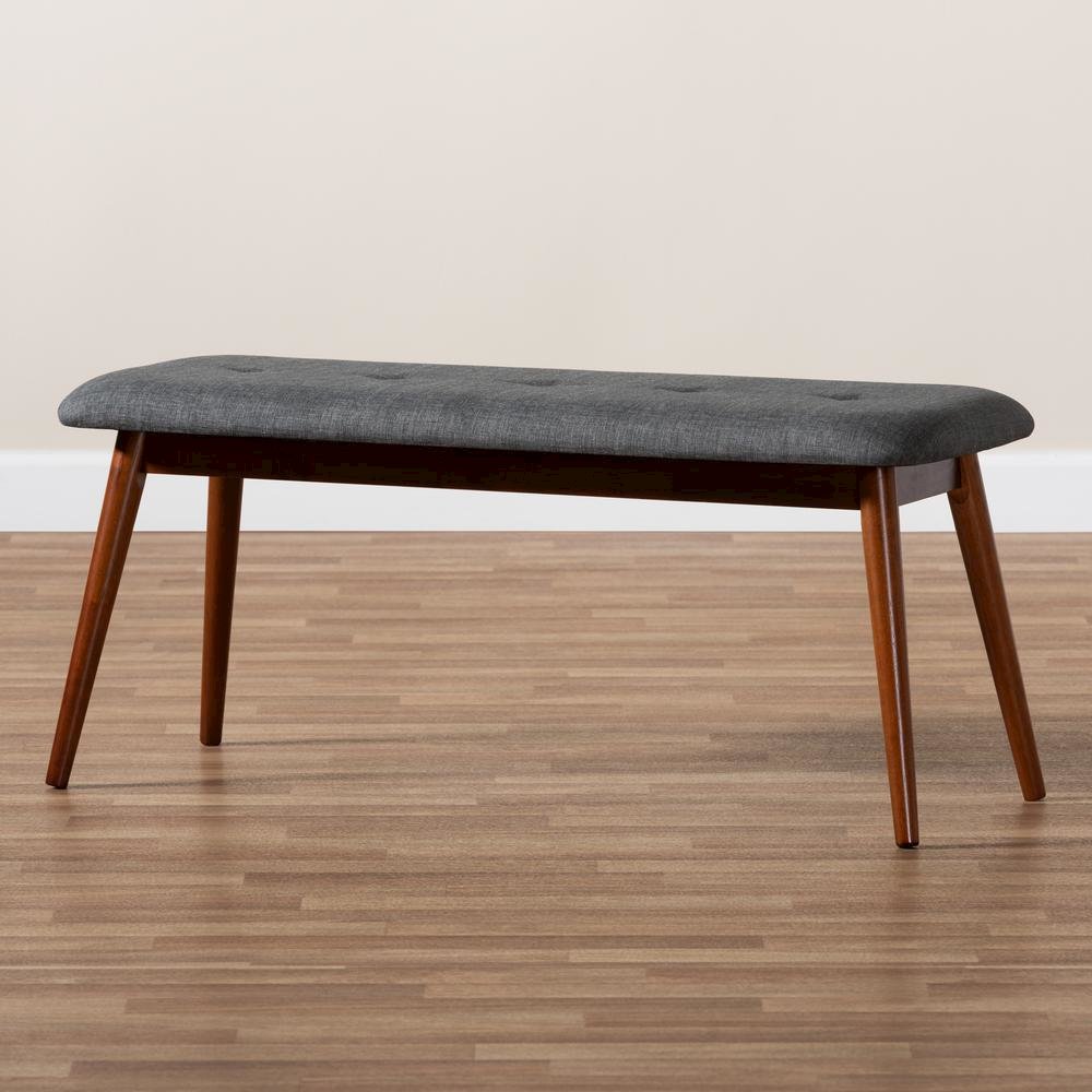 Dark Grey Fabric Upholstered Medium Oak Finished Wood Dining Bench. Picture 9