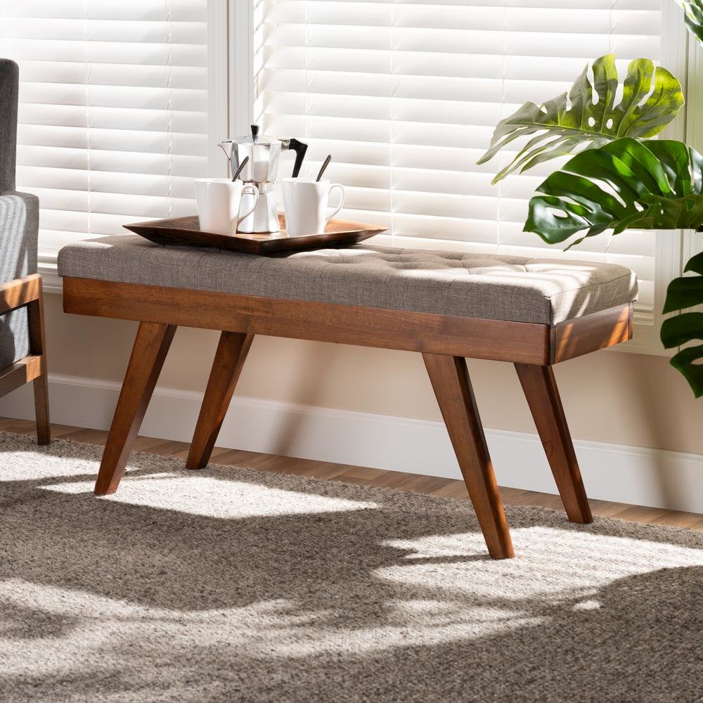 Alona Mid-Century Modern Light Grey Fabric Upholstered Wood Dining Bench. Picture 9