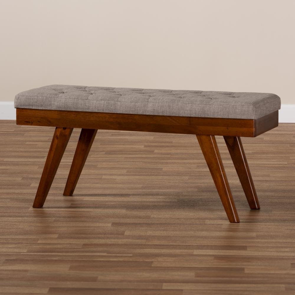 Alona Mid-Century Modern Light Grey Fabric Upholstered Wood Dining Bench. Picture 15