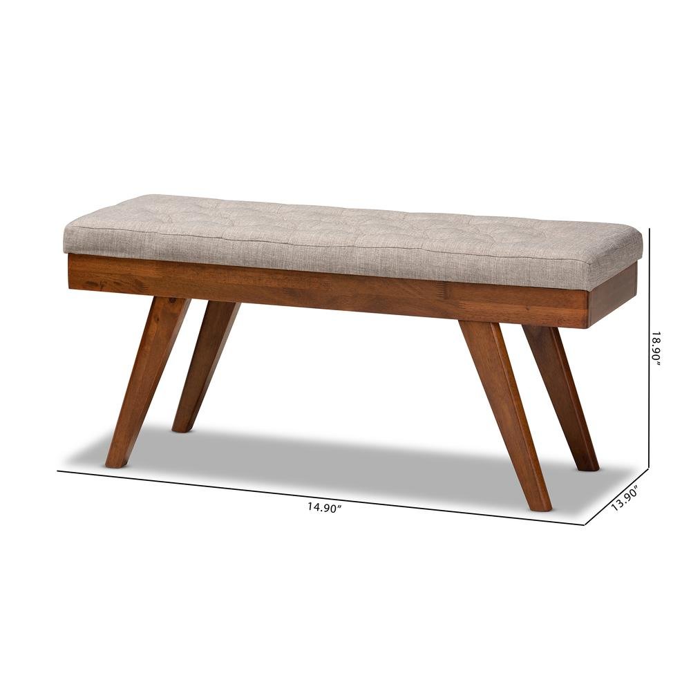 Alona Mid-Century Modern Light Grey Fabric Upholstered Wood Dining Bench. Picture 16