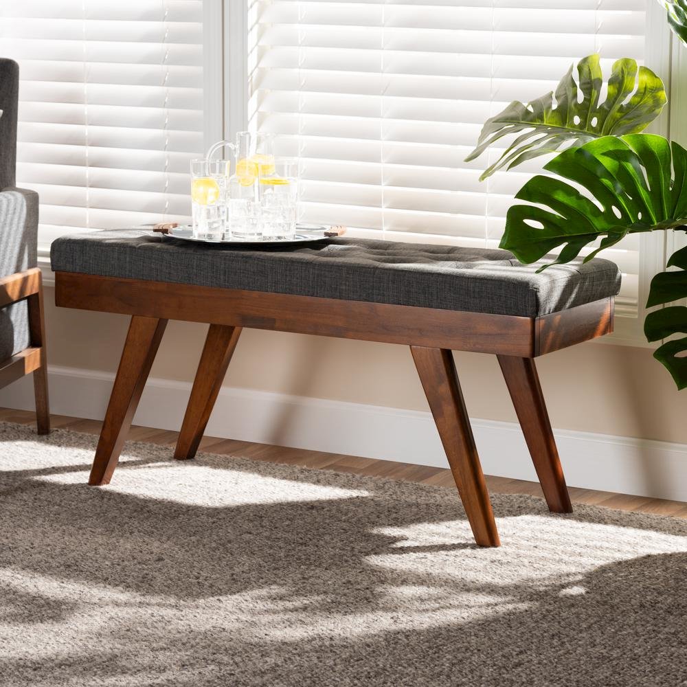 Alona Mid-Century Modern Medium Grey Fabric Upholstered Wood Dining Bench. Picture 9