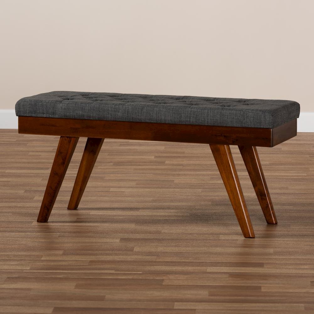 Alona Mid-Century Modern Medium Grey Fabric Upholstered Wood Dining Bench. Picture 15