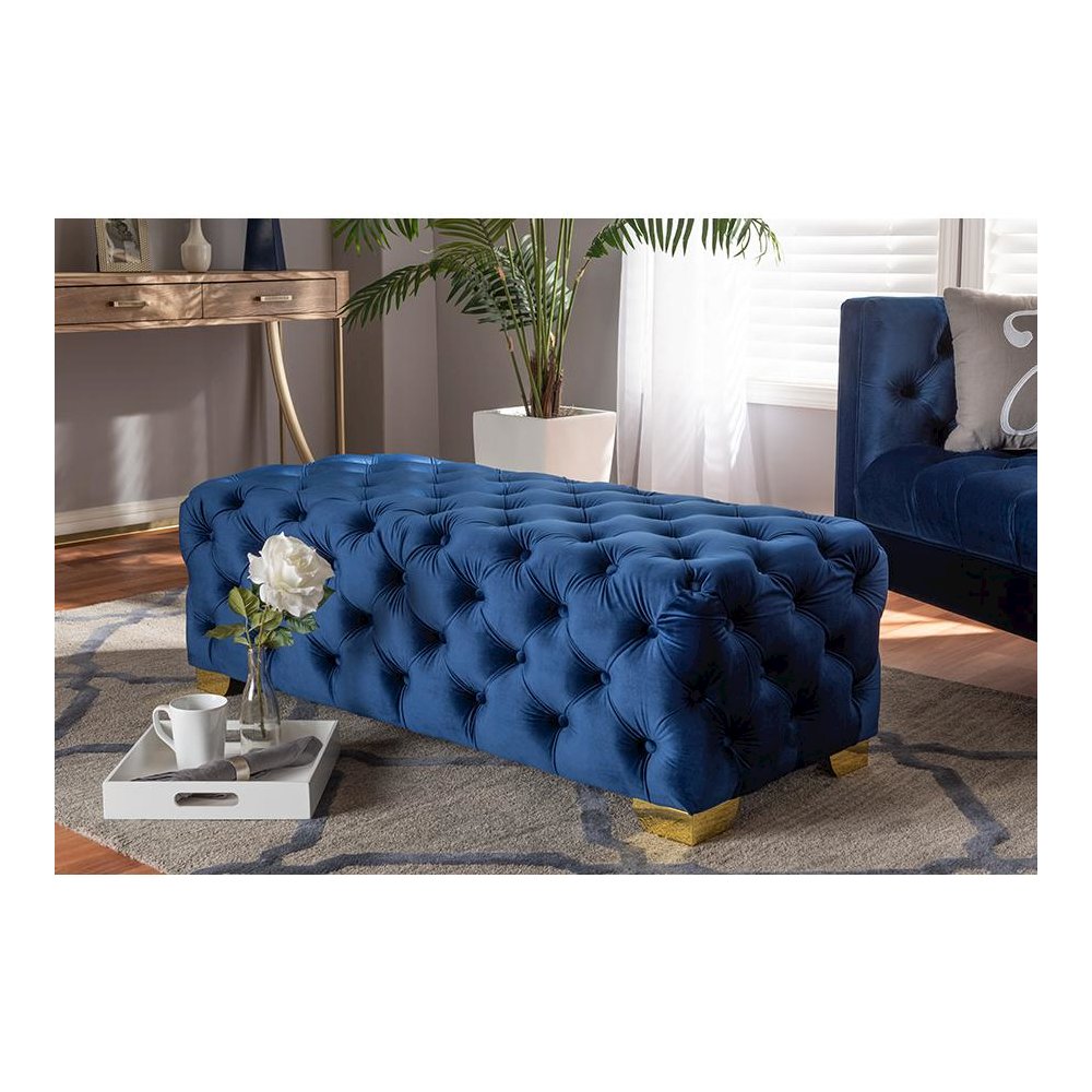 Gold Finished Button Tufted Bench Ottoman. Picture 9
