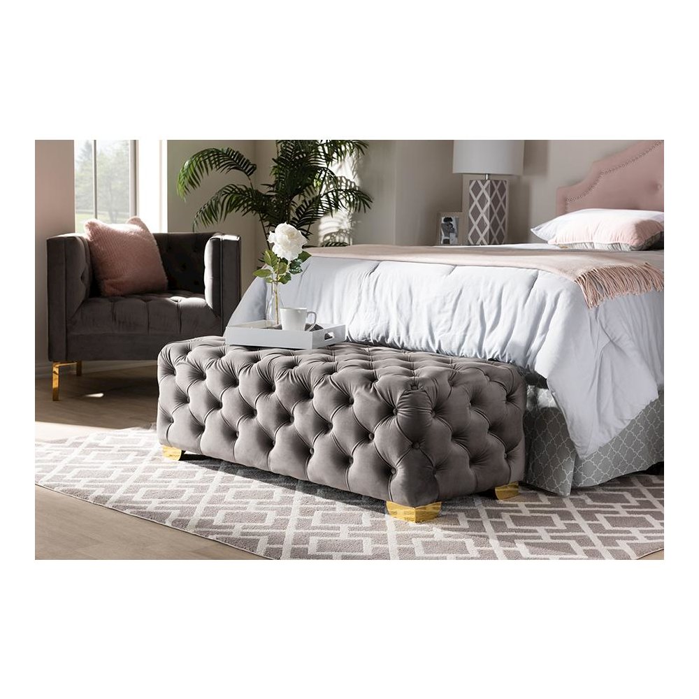 Luxe Gray Velvet Fabric Upholstered Gold Finished Button Tufted Bench Ottoman. Picture 9