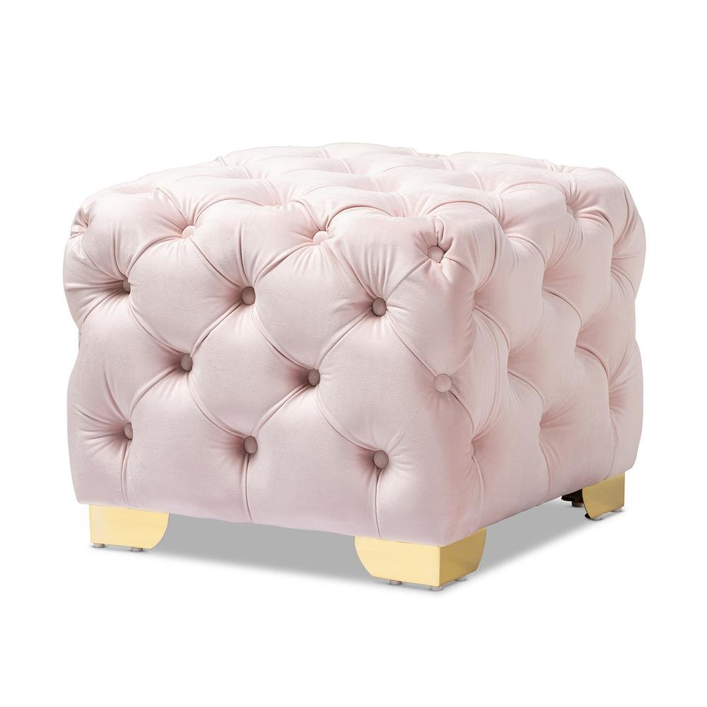 Luxe Light Pink Velvet Fabric Upholstered Gold Finished Button Tufted Ottoman. Picture 8
